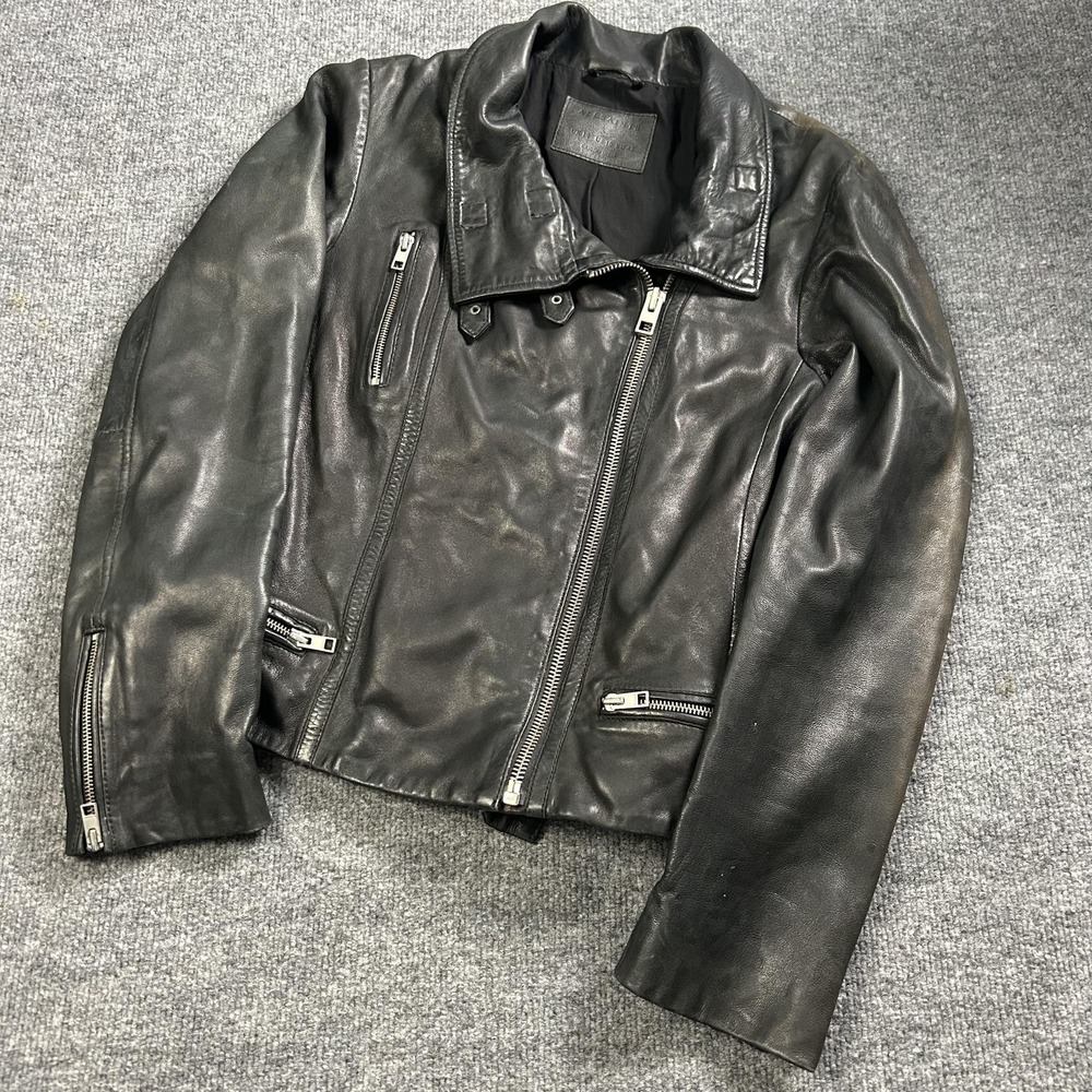 AllSaints Bales Biker Jacket Women's 40 Black Leather Pockets Lined Motorcycle